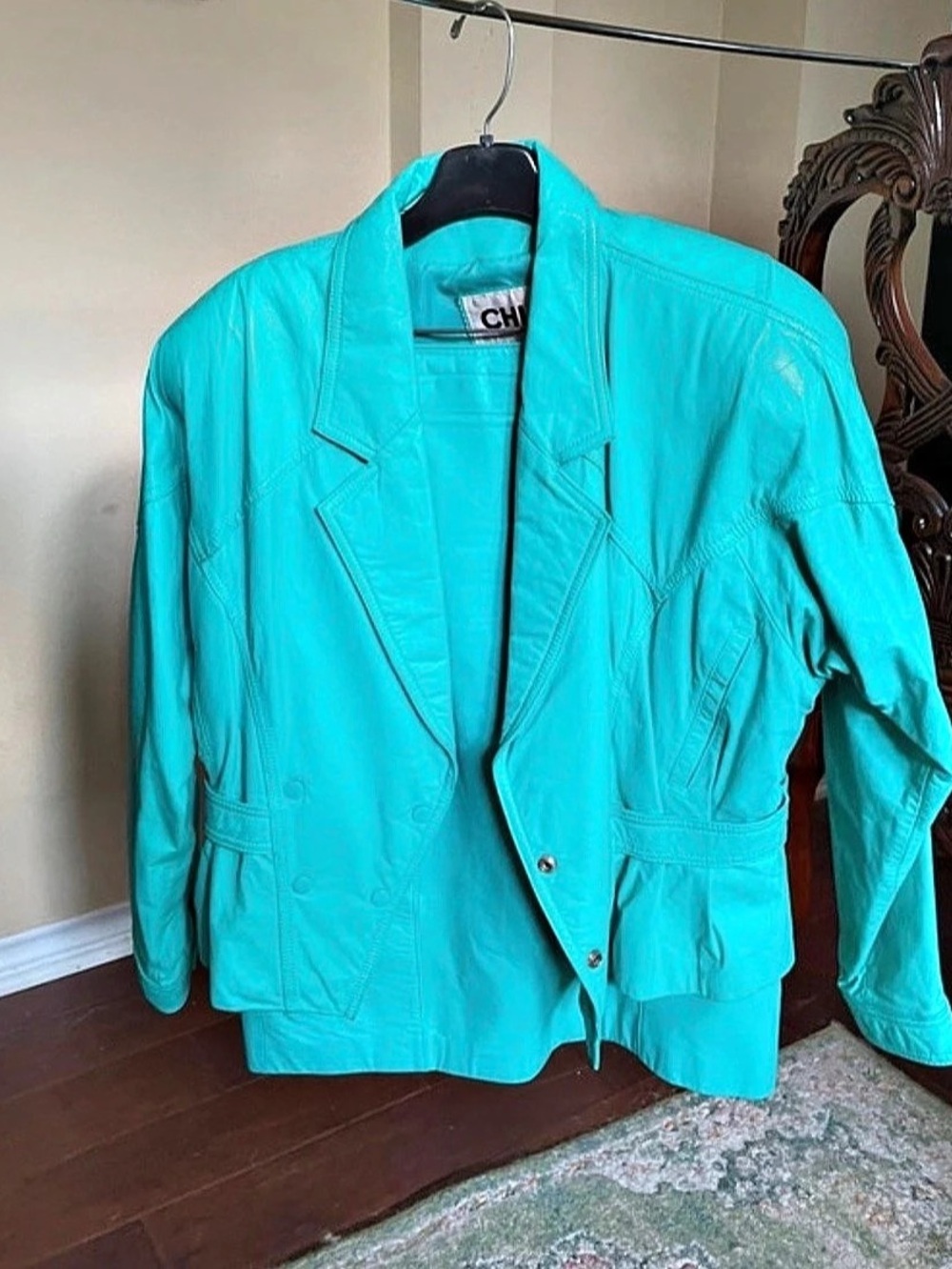 Chia mint green Leather Jacket and Skirt suit